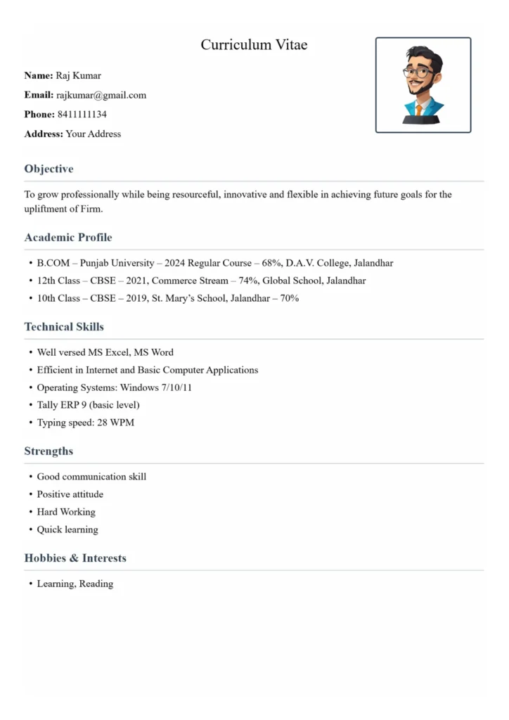 B.COM Resume Format
