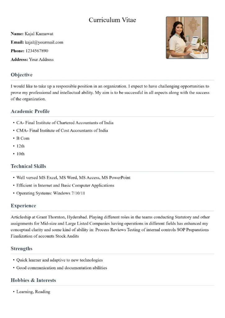 CA Articleship Resume Format