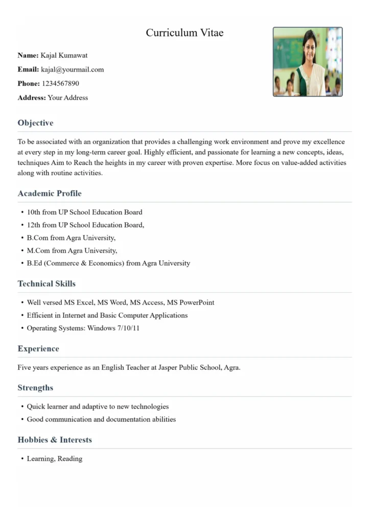 B.Ed Resume Format