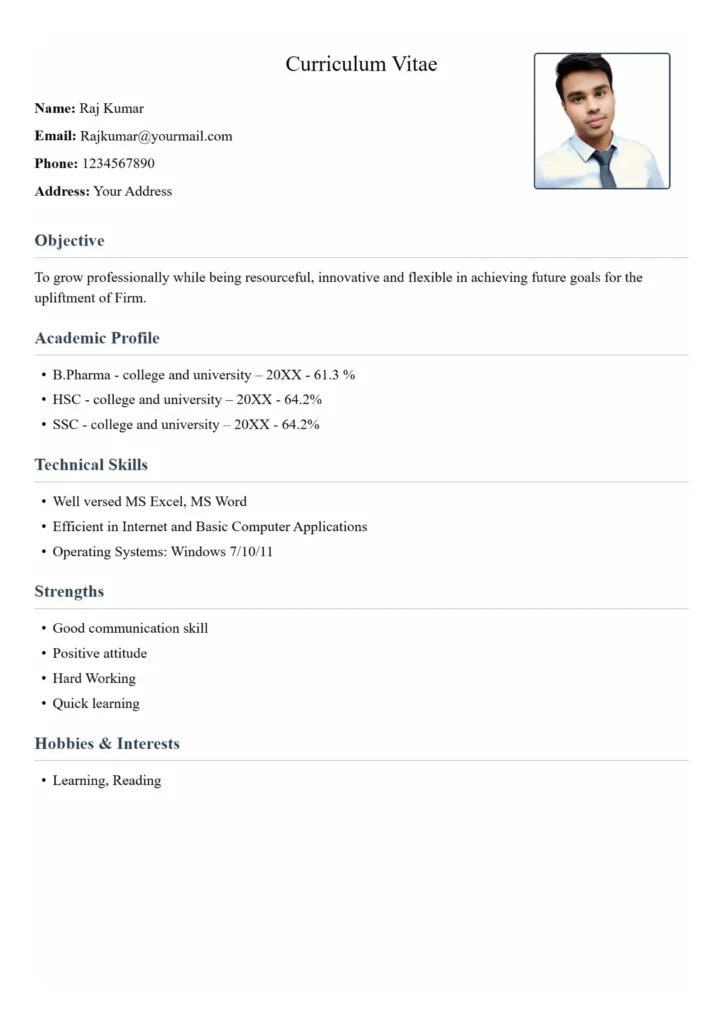 B Pharma Resume Format
