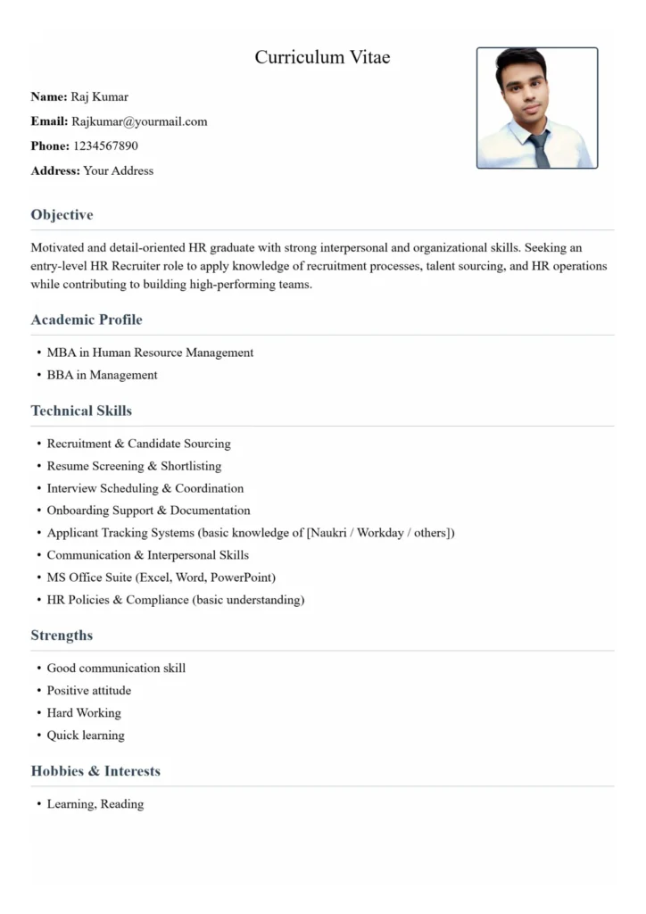 HR Recruiter Resume Format