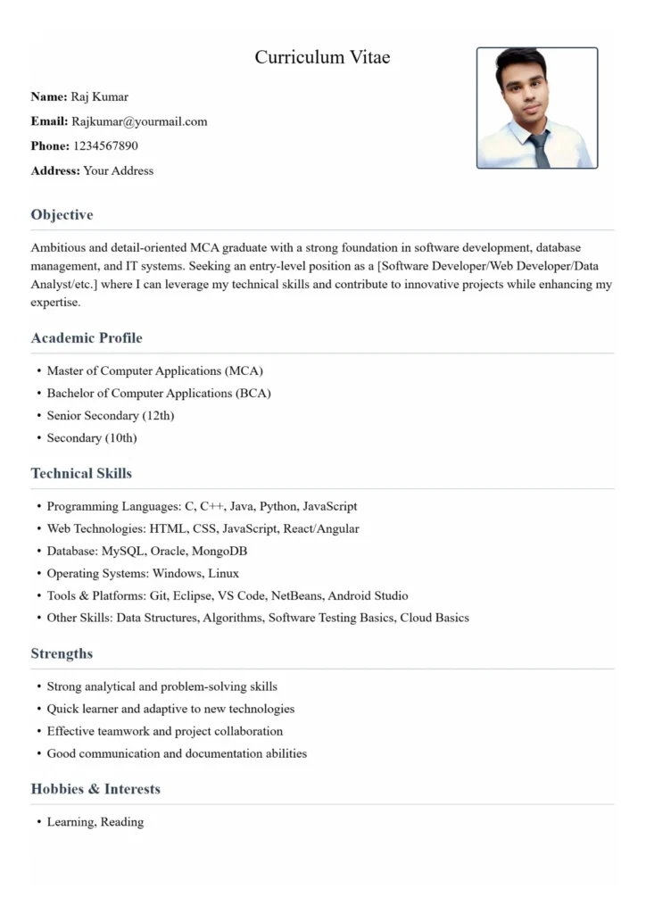 MCA Resume Format