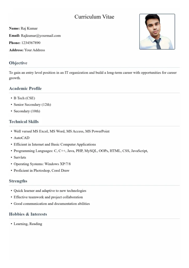 B.Tech CSE Resume Format