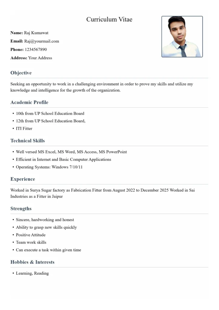 ITI Fitter Resume Format