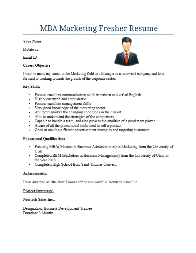 MBA Marketing Freshers Resume Format