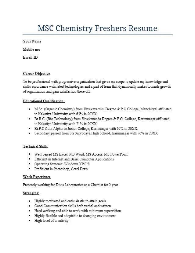 MSC Chemistry Resume Format