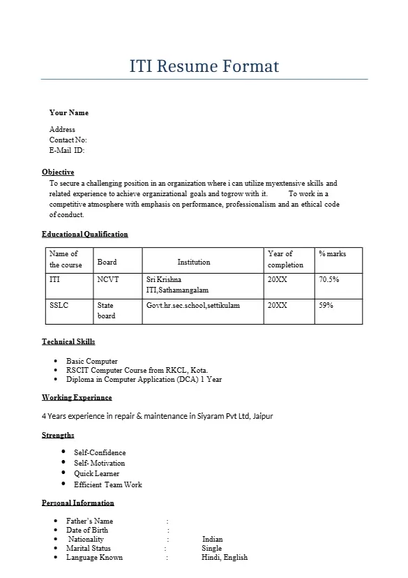 ITI Resume Format