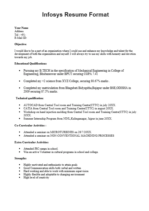 Infosys Resume Format