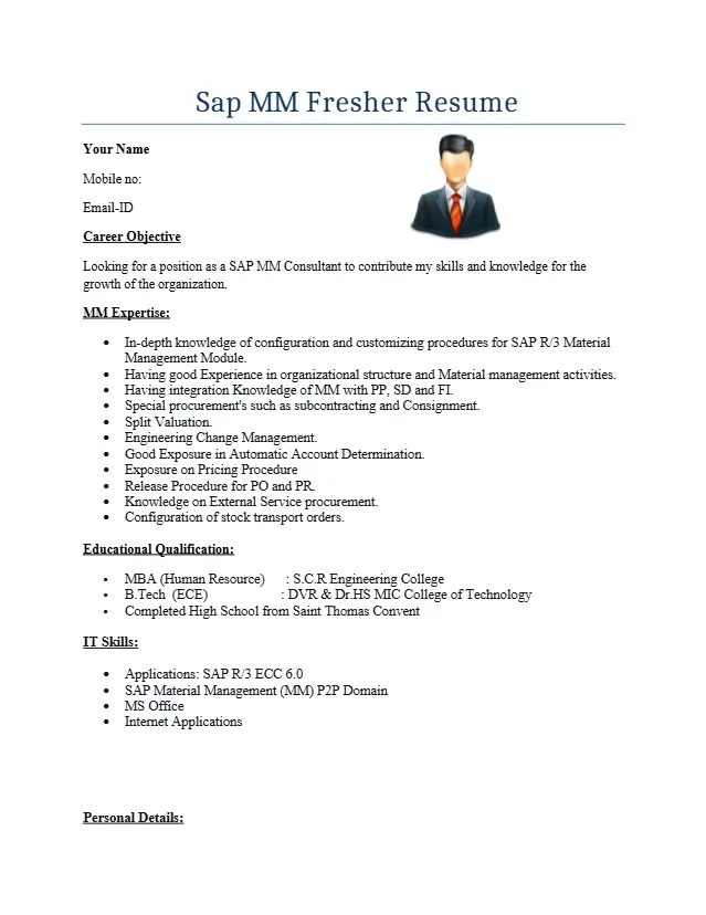 SAP MM Fresher Resume Format