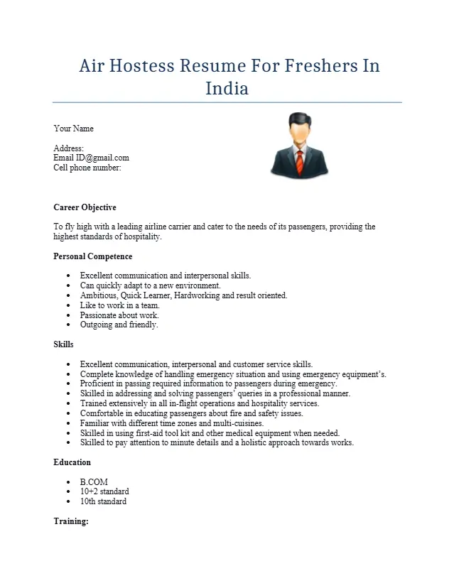 Air Hostess Resume For Freshers In India