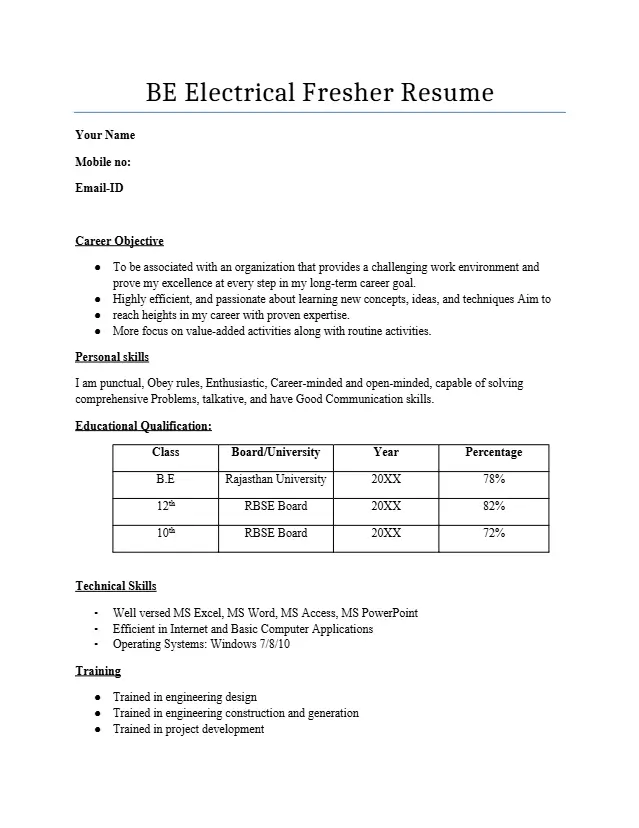 BE Electrical Fresher Resume Format