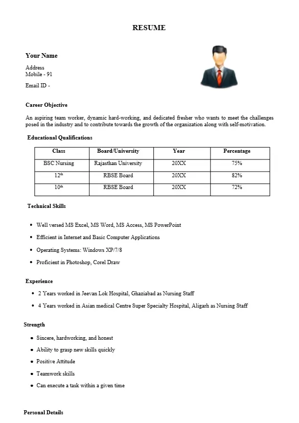 BSc Nursing Resume Format