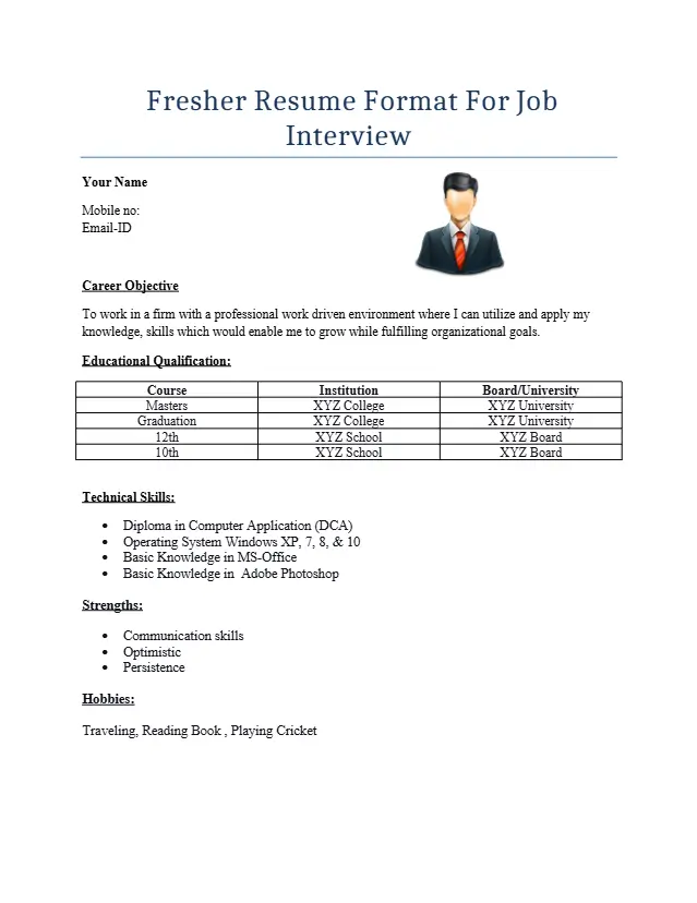Fresher Resume Format For Job Interview