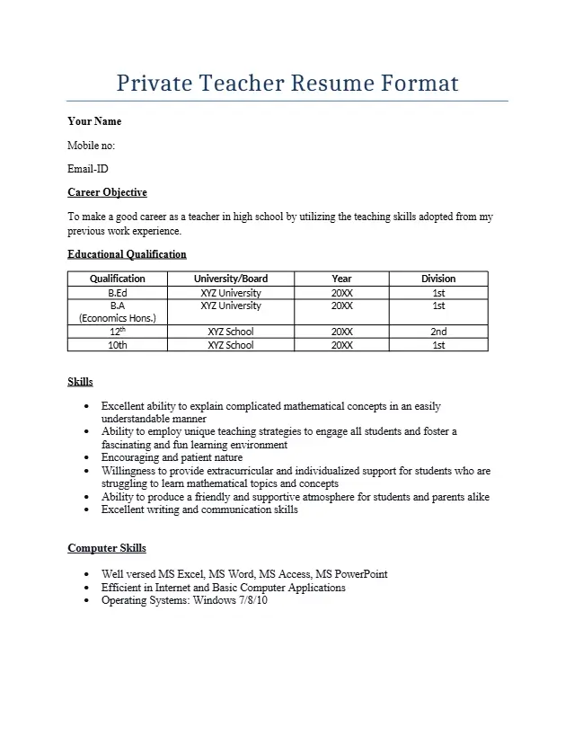 Primary Teacher Resume Format