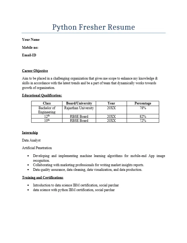Python Fresher Resume Format 