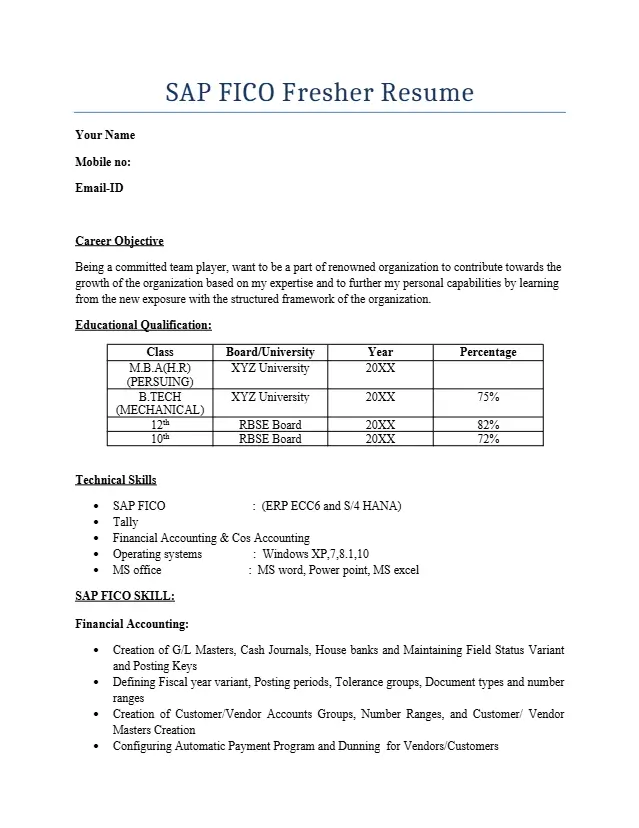 SAP FICO Fresher Resume Format