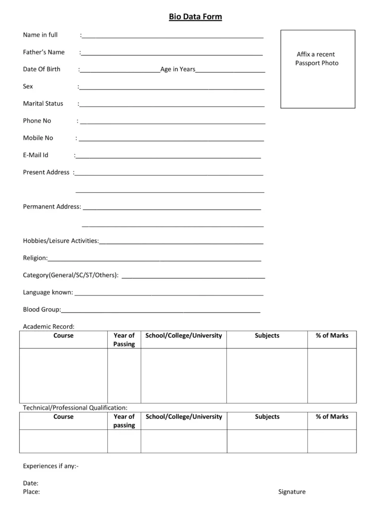 Sample Bio Data Formats for Job PDF & Word Free Download