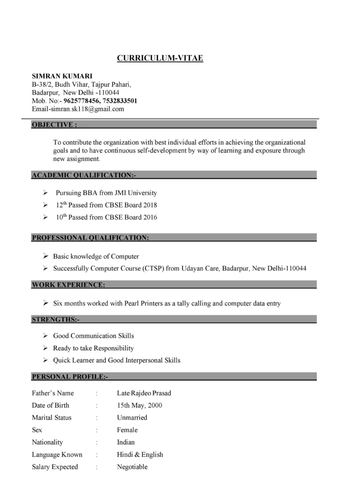 Fresher Resume Format