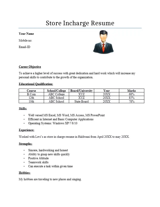 store incharge resume format